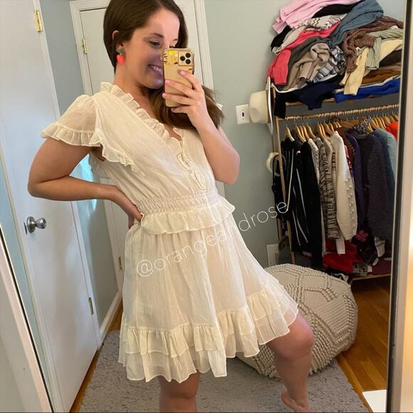 NWT Rebecca Taylor White Gold Ruffle Short Sleeve Fit Flare Mini Dress Large - Picture 6 of 14